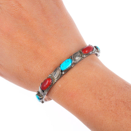 6.5" Simplicio Zuni sterling silver turquoise/coral row cuff bracelet