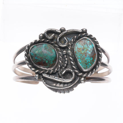 6.4" Vintage Navajo sterling silver green spiderweb turquoise cuff bracelet