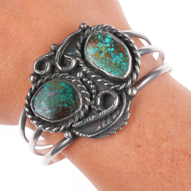 6.4" Vintage Navajo sterling silver green spiderweb turquoise cuff bracelet
