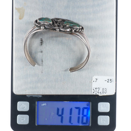 6.4" Vintage Navajo sterling silver green spiderweb turquoise cuff bracelet