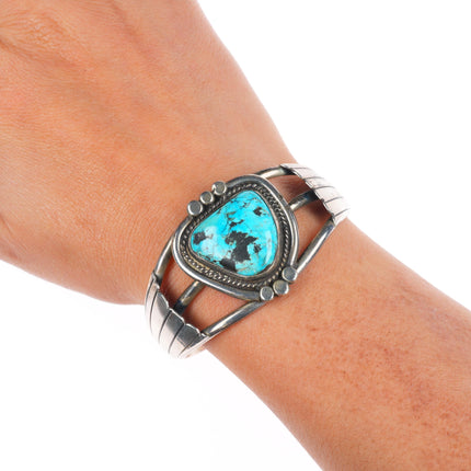 6.1" Vintage Navajo sterling silver turquoise rope bezel cuff bracelet