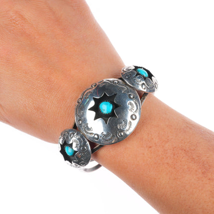 6.8" Vintage Navajo sterling silver domed shadowbox turquoise cuff bracelet