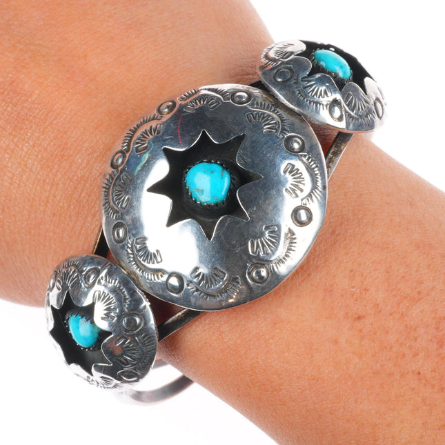 6.8" Vintage Navajo sterling silver domed shadowbox turquoise cuff bracelet