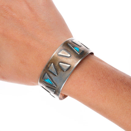 6.25" Vintage Navajo modernist sterling silver turquoise inlay cuff bracelet