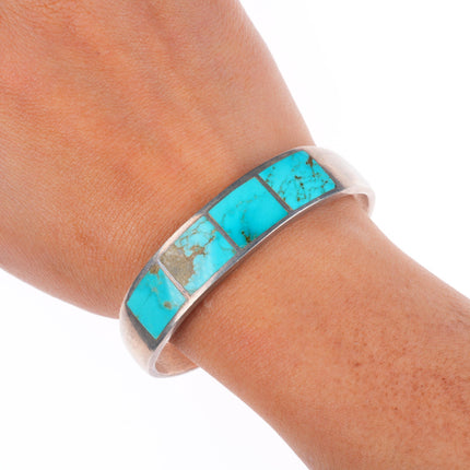 6.7" Vintage Navajo sterling silver turquoise channel inlay cuff bracelet