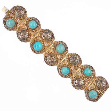 6.75" Vintage Chinese silver filigree wide turquoise mesh link bracelet