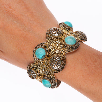 6.75" Vintage Chinese silver filigree wide turquoise mesh link bracelet