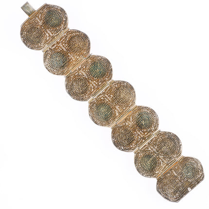 6.75" Vintage Chinese silver filigree wide turquoise mesh link bracelet