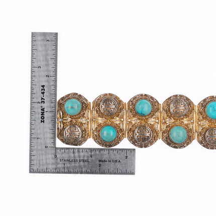 6.75" Vintage Chinese silver filigree wide turquoise mesh link bracelet