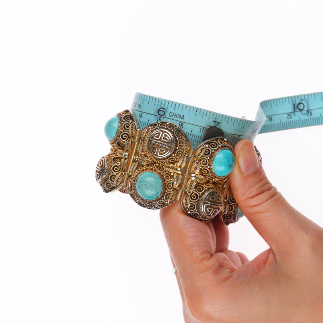 6.75" Vintage Chinese sterling silver filigree wide turquoise mesh link bracelet