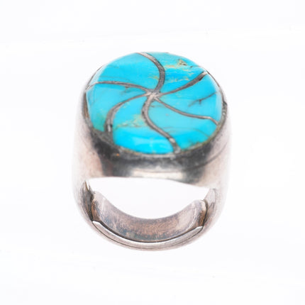 sz9 Heavy Vintage Zuni sterling silver turquoise channel inlay swirl ring