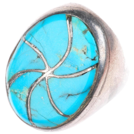 sz9 Heavy Vintage Zuni sterling silver turquoise channel inlay swirl ring