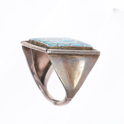 sz10 Vintage Zuni sterling silver fine channel inlay turquoise men's ring