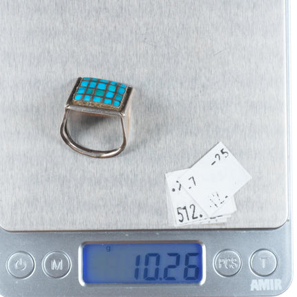 sz10 Vintage Zuni sterling silver fine channel inlay turquoise men's ring