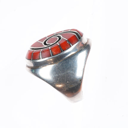 sz8 Dickie Quandelacy Zuni sterling silver coral hummingbird channel inlay ring
