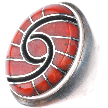 sz8 Dickie Quandelacy Zuni sterling silver coral hummingbird channel inlay ring
