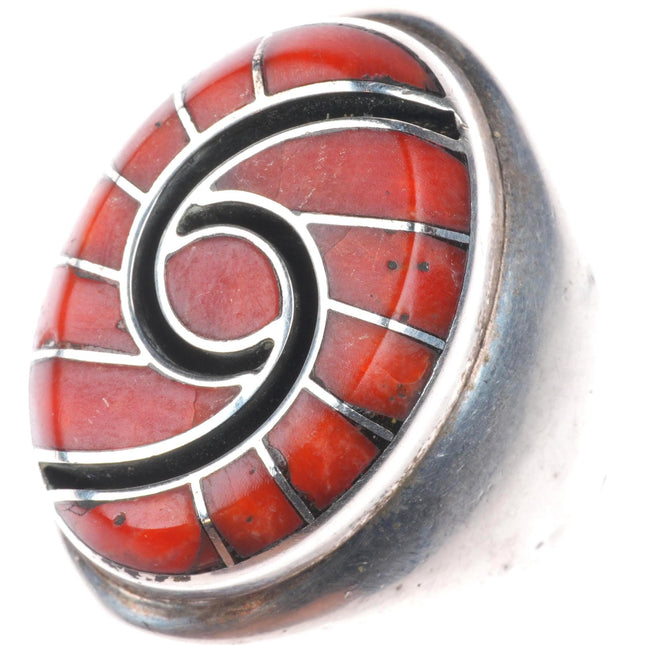 sz8 Dickie Quandelacy Zuni sterling silver coral hummingbird channel inlay ring