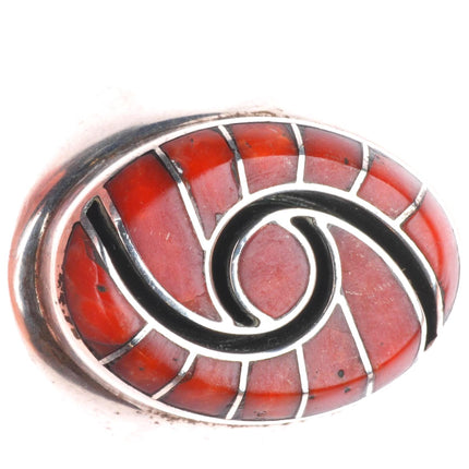 sz8 Dickie Quandelacy Zuni sterling silver coral hummingbird channel inlay ring