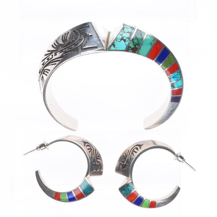 6.1" Lonn Parker Navajo sterling silver multi-stone inlay cuff bracelet/earrings