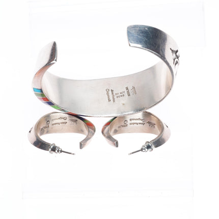 6.1" Lonn Parker Navajo sterling silver multi-stone inlay cuff bracelet/earrings