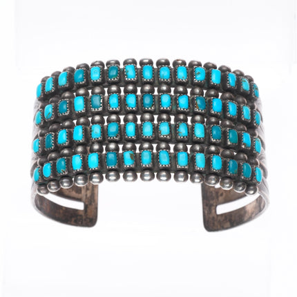 6.6" 1940's Zuni 4 row square cut natural turquoise cluster cuff bracelet