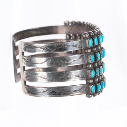 6.6" 1940's Zuni 4 row square cut natural turquoise cluster cuff bracelet