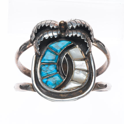 6.5" Vintage  Zuni sterling silver spiderweb turquoise/shell inlay cuff bracelet