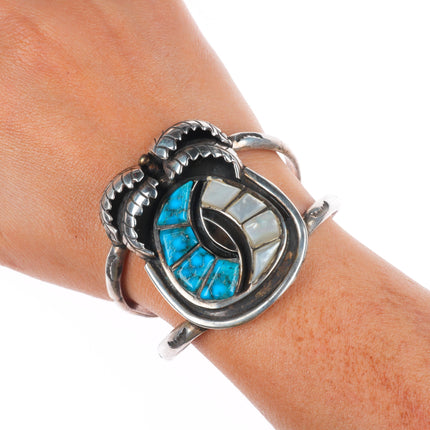 6.5" Vintage  Zuni sterling silver spiderweb turquoise/shell inlay cuff bracelet