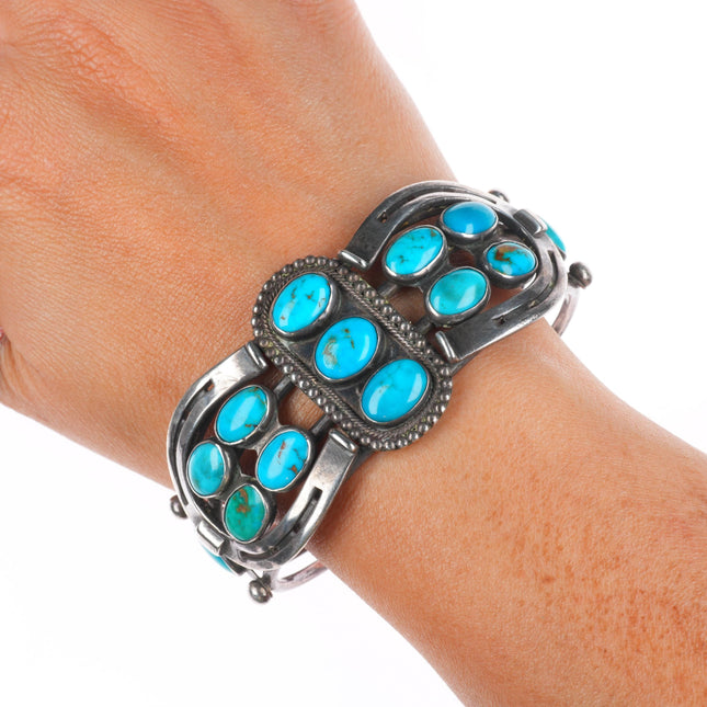 6.5" c1940 Navajo Blue Gem turquoise Horseshoes sterling silver cuff bracelet
