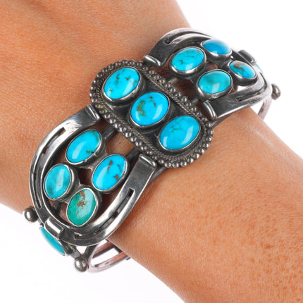 6.5" c1940 Navajo Blue Gem turquoise Horseshoes sterling silver cuff bracelet