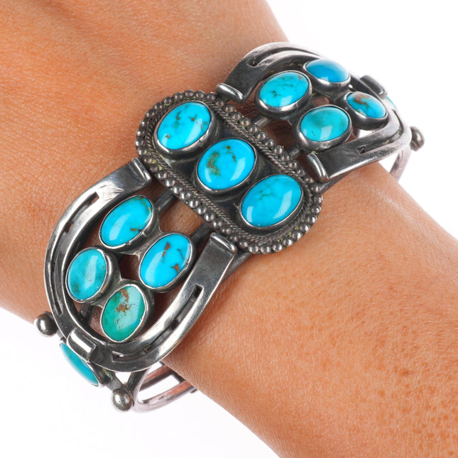 6.5" c1940 Navajo Blue Gem turquoise Horseshoes sterling silver cuff bracelet