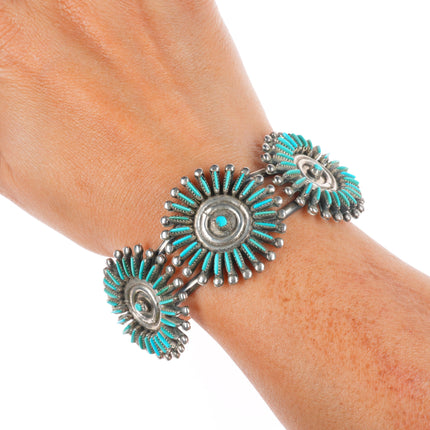 6.75" Bellson Zuni sterling silver needlepoint turquoise sunburst cuff bracelet