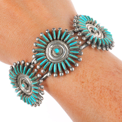 6.75" Bellson Zuni sterling silver needlepoint turquoise sunburst cuff bracelet