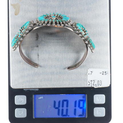 6.75" Bellson Zuni sterling silver needlepoint turquoise sunburst cuff bracelet