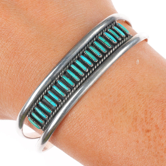 6.25" Vintage Zuni sterling silver needlepoint turquoise stacker cuff bracelet