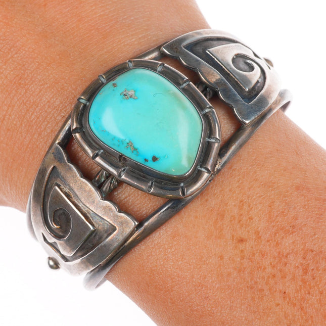 6.1" Vintage RJ Jr Navajo sterling silver turquoise cuff bracelet