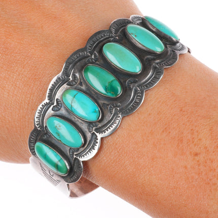 6.4" c1940 Vintage Navajo sterling silver high grade turquoise row cuff bracelet
