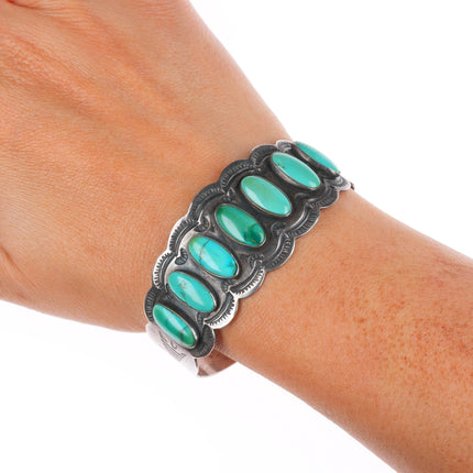 6.4" c1940 Vintage Navajo sterling silver high grade turquoise row cuff bracelet