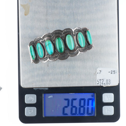 6.4" c1940 Vintage Navajo sterling silver high grade turquoise row cuff bracelet