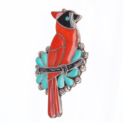 Porfilio Sheyka Zuni sterling silver coral cardinal redbird pendant/pin