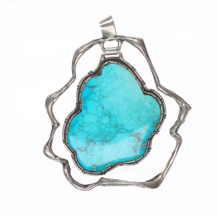 Large Vintage spiderweb turquoise southwestern brutalist sterling silver pendant