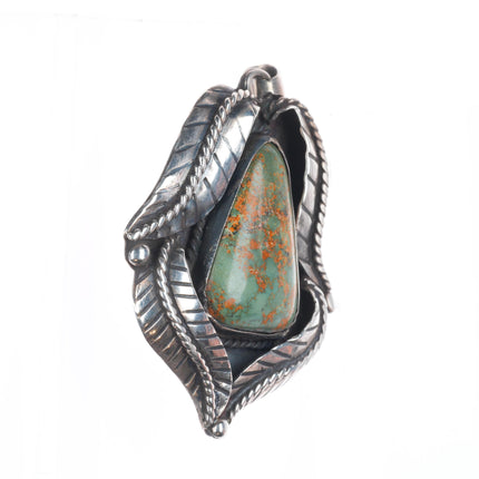 Vintage Navajo sterling silver feather bezel green turquoise necklace pendant
