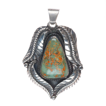 Vintage Navajo sterling silver feather bezel green turquoise necklace pendant