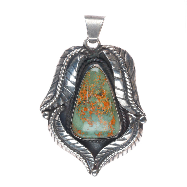 Vintage Navajo sterling silver feather bezel green turquoise necklace pendant