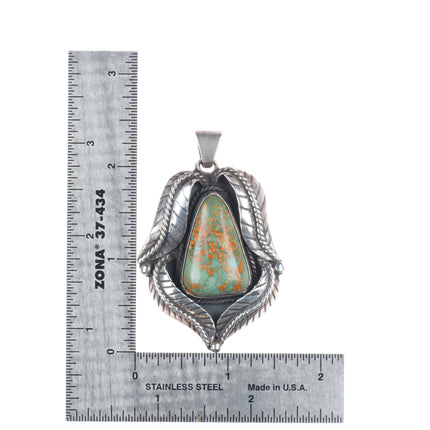 Vintage Navajo sterling silver feather bezel green turquoise necklace pendant