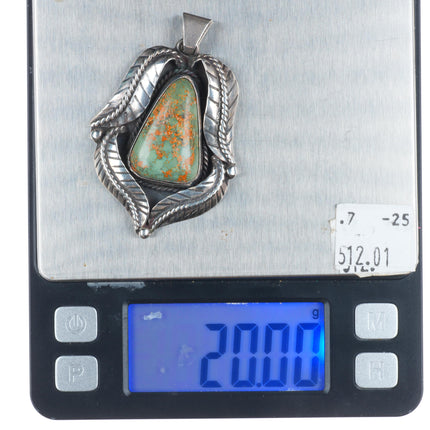 Vintage Navajo sterling silver feather bezel green turquoise necklace pendant