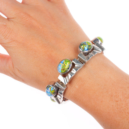 6.5" Retro Mexican sterling silver art glass modernist link bracelet