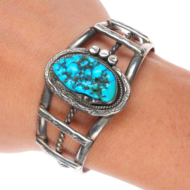 6" Vintage Navajo sterling silver Kingman turquoise twisted wire cuff bracelet