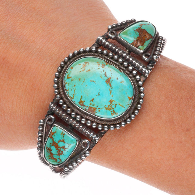 c1930's Navajo sterling silver twisted ingot silver cuff bracelet nice turquoise