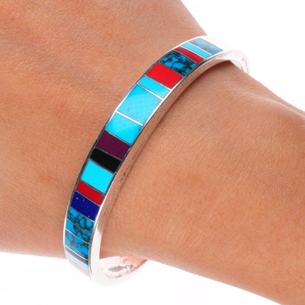7" Native American sterling silver multi-stone channel inlay cuff bracelet